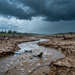 Massive raindrops falling into dried up river on dead land, hyper detailed photorealistic, dramatic lighting, global warming, blue sky