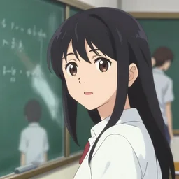 anime visual, portrait of a young woman in a classroom looking at the chalkboard, handsome face by ilya kuvshinov, yoshinari yoh, makoto shinkai, katsura masakazu, dynamic perspective pose, detailed facial features, kyoani, rounded eyes, crisp and sharp, cel shad, anime poster, ambient light,
