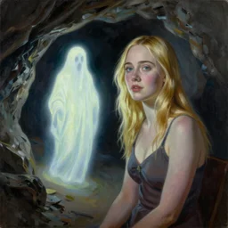 Painting of Elle Fanning in a cave with a glowing ghost, by Edward Hopper. 8K. Extremely detailed.