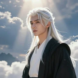 a portrait of a young handsome prince, white fringy hair, white shirt, black tunic, smooth, epic clouds, beautiful landscape, backlit, incredible lighting, strong rim light, subsurface scattering, highly detailed, god rays, digital painting, HDRI, by Heise Jinyao, Heise-Lian Yan Fang, Feimo, Richard Taddei, vivid colors, high contrast, 8k resolution, intricate, photorealistic