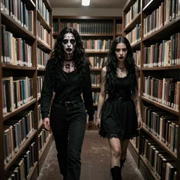 horrors strutting about in a room filled with shelves full of books
