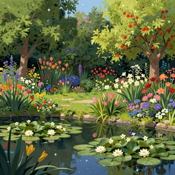 matte painting of a serene landscape of a garden filled with vivid colorful flowers and lush fruit trees, water lily and narcissus above pond melted into starry summer by nicolas party trending on artstation, 8 k resolution