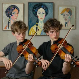 portrait of two young violin players getting ready to perform looking, half figure front, francis bacon and pat steir and hilma af klint and james jean, psychological, photorealistic, intriguing details, rendered in octane, altermodern