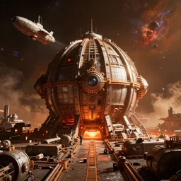 a warm colours, high contrast hyperreal deep space dock mining platform inspired by nuclear reactor core, peter elson, millennium falcon space - station vuutun palaa submarine, ilm, beeple, star citizen halo, mass effect, starship troopers, elysium, the expanse, iron smelting pits, high tech industrial, dramatic nebula sky, volumetric lighting