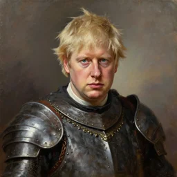 Boris Johnson as a medieval commander, stern, portrait, realistic oil painting by Boris Valejo