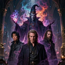 highly detailed beautiful portrait, mix of asian anthony hopkins, tom cuise, evil powerful wizard mage, intricate colorful cosmic smoke magic, baroque gothic victorian interior cyberpunk city vista, artstation, tyle of artgerm, andreas rocha, hiroshi nagai