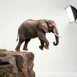 photo still of elephant jumping off cliff, 8 k, studio lighting bright ambient lighting key light, 8 5 mm f 1. 8