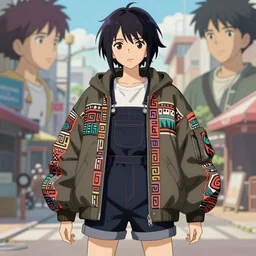 majora majora's mask wearing oversized mayan bomber jacket with overalls, bulky poofy bomber jacket with mayan patterns, aztec street fashion, genshin impact art style, gapmoe yandere grimdark, trending on pixiv fanbox, painted by greg rutkowski makoto shinkai takashi takeuchi studio ghibli, akihiko yoshida