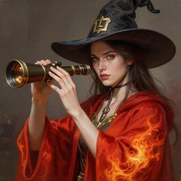 an anthropomorphic beautiful female scientist portrait holding a telescope wearing red flame robe, fine art, award winning, intricate, elegant, sharp focus, octane render, hyperrealistic, wizard hat cinematic lighting, highly detailed, digital painting, 8 k concept art, art by jamie hewlett and z. w. gu, masterpiece, trending on artstation, 8 k