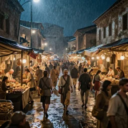 a busy ancient roman marketplace. night, raining, 8 k, epic cinematic hyperrealism masterpiece. realistic poster with shaded lighting by craig mallismo, artgerm, jeremy lipkin and michael garmash, unreal engine, radiant light, detailed and complex environment, digital art, art station trends, detailed, lens flare, motion blur