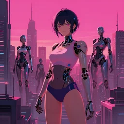 digital art of an anime style surreal cyberpunk city, magenta sunset, sexy robots, sport cars flying between skylines amazing lightning made by makoto shinkai