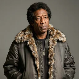 beautiful fantasy character portrait, john coltrane, bitches brew, wearing puffy bomber jacket with fur, by malti klarwein
