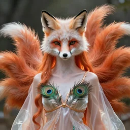 prompt A beautiful head of a white red orange fox goddess, translucent silky dress made of peacock tails, a bra made of peacock feathers, close up front view, long hair in the shape of clumpy fox tails, backlit, concept art, matte painting, trending on artstatioin, by Peter Mohrbacher