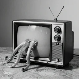 japanese 70s black and White TV show, Photorealistic, tentacles coming out of a vintage TV set