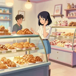 katy perry working in her cute bakery shop, display cases of pastries and sweets, croissants, sylvain sarrailh, artstation, artgerm, makoto shinkai, deviantart, ismail inceoglu