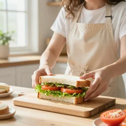 Bridgette B making a turkey sandwich with lettuce and tomato in the kitchen. Cute apron. Photo realistic. Rays coming in through the window.