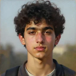oil painting by ilya kuvshinov, baugh casey, rhads, coby whitmore, of a youthful persian - indian college student, olive skin, high cheekbones, handsome, curly black hair, gay fem boy, outdoors, highly detailed, breathtaking face, studio photography, dawn, intense subsurface scattering, blush, supple look, innocence, intense sunlight
