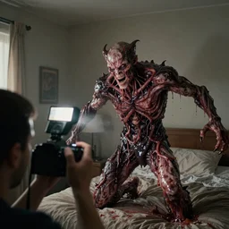 a photograph with camera flash of a male demonic creature made of slimy oozy meat and veins inside a bedroom attacking the pov, photorrealistic, render octane, concept art, film, dslr