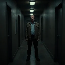 ominous found footage screencap of a dark hallway with better call saul standing at the end of it