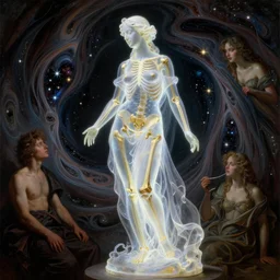 Beautiful full-body wax sculpture of a glowing transparent woman in glowing dress with visible gold bones covered with melted white wax inside the singularity where stars becoming baroque folds of dark matter by Michelangelo da Caravaggio, Nicola Samori, William Blake, Alex Grey and Beksinski, dramatic volumetric lighting, highly detailed oil painting, 8k, masterpiece
