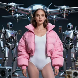 beautiful fantasy character portrait, natalie portman, wearing oversized pink puffy bomber jacket and white leotard, futuristic chrome drones, ultra realistic, dramatic lighting, robots, back to the future artifacts, highly detailed by peter mohrbacher, hajime sorayama, wayne barlowe, boris vallejo, aaron horkey, gaston bussiere, craig mullins