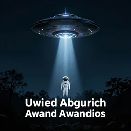 ufo floating in the sky, beam of light coming down, 👽 abduction, dark, night, trees award - winning photo