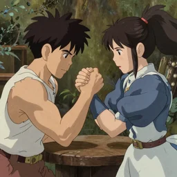 An Amazon and a Valkyrie arm wrestling, fantasy, Ilya Kuvshinov face, highly detailed, cel shading, digital painting, anime key visual, artwork by Hayao Miyazaki and Alphonse Mucha