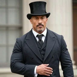 Dwayne The Rock Johnson with a beard in the 1800s wearing a suit and a top hat with his arms around his waist