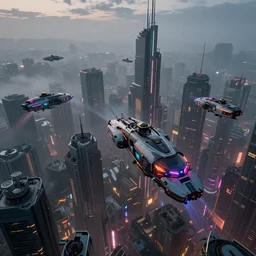 an aerial photograph of a futuristic, blade runner city with heavy atmosphere. Flying vehicles. Volumetric light. Rainfall. Dystopic. Evening, neon lights. Highly detailed. Octane render.
