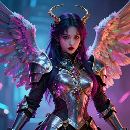 Angel knight gothic girl, illustrated by Greg Rutkowski and Gaston Bussiere, 35mm lens, beautiful macro close-up imagery, vibrantly lush neon lighting, beautiful volumetric-lighting-style atmosphere, a futuristic atmosphere, intricate, detailed, photorealistic imagery, trending on artstation, 4k, 8k