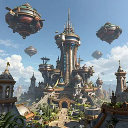 a steampunk city surrounded by sky-ships in a clear blue sky, epic fantasy, hyperreal, artstation
