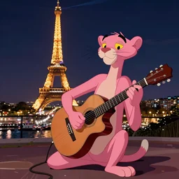django reinhardt playing guitar, background paris at night in the style of the pink panther show, cartoon, cel shading