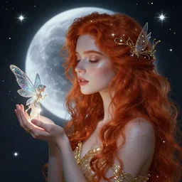 beautiful redhead girl surrounded by starlight, eyes closed, moon behind her, holding a fairy in her hand, shiny, fantasy, int ricate, elegant, hyper detailed, ultra definition, photoreal, artstation, unreal engine rendered, concept art, smooth, sharp focus, illustration, art by artgerm and greg rutkowski and alphonse mucha and garis edelweiss