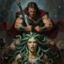 a highly detailed symmetrical painting of conan stabbing a medusa in its head, dynamic lighting, ambient lighting, deviantart, art by frank frazetta and glenn fabry