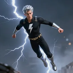 action photo superhero black uniform with a lightning emblem on his chest, silver hair lightning, silver armbands and shin guards, flying, lightning, epic, highly detailed, well composed in the style of clyde caldwell