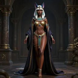full length complex 3 d hyper realistic smooth ultra sharp render of a gorgeous light skinned african woman with white hair | bikini, chains, robes | demoness, succubus, witch, egyptian goddess, feline features, goddess of beauty | medieval, fantasy, d & d, unholy | intricate, highly detailed, octane render, photorealistic, cinematic | art by 吵 集 仁 儿 on artstation + oh jinwook + sakimichan