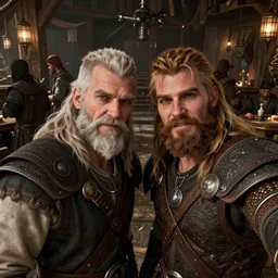 Two viking brothers taking a selfie in a crowded tavern, dof, Unreal Engine 5, intricately detailed, 8k