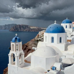 professional painting of Santorini in the style of Gabriel Dawe, smooth, sharp focus, illustration, intricate, stormy weather, extremely detailed masterpiece,
