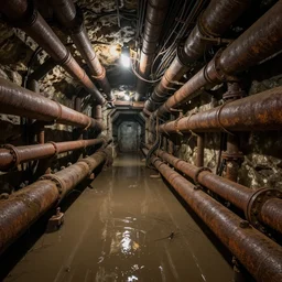deep underground bunker, flooded, dirty water, dense rusty pipes, dense cables