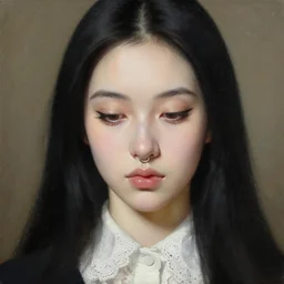 a detailed oil portrait of a beautiful pale skin girl with long balck hair hairstyle, the corners of the brown eyes with very long eyelashes are turned down, small nose with piercing ring in a white lace collar shirt, big lips, by francisco goya
