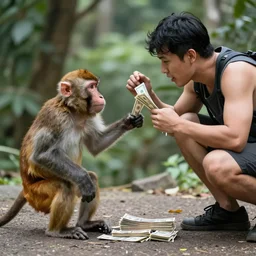 A monkey and a man fighting for money