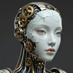A close-up portrait of a beautiful female android wearing an intricate cracked porcelain face, exposed inner gears, steampunk, studio lighting, unreal engine, concept art, trending on artstation