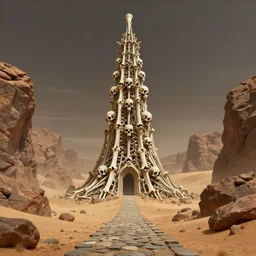gorgeous concept art of a tower made of bones and skulls in the middle of desert, some rocks and cliffs around, narrow road made of stones goes to tower, very high details, dramatic mood, deep environment, art by legends of runeterra and tomasz jedruszek and gabor szikszai, trending on artstation, unreal engine, 8 k, 4 k