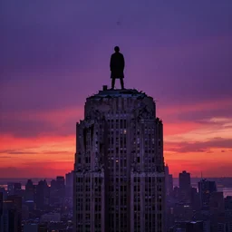 dark tenebroso, figure standing atop skyscraper, ruins of a 2 0 th century new york, water logged buildings, sun set, deep purple and red in the sunset sky
