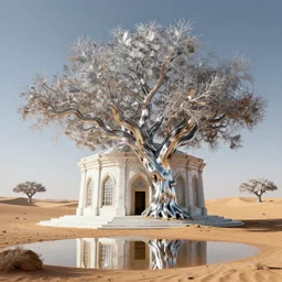 A marble shrine being engulfed by a gigantic chrome tree in the Gobi Desert, raytraced reflections, octane render, unreal engine, artstationhq, cinematic