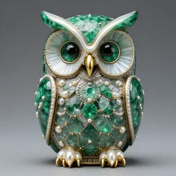 symmetrical detailed sculpture of an owl, made of Emerald and Pearl