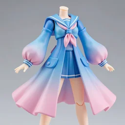 anime figma figure collection ball shaped accordion sleeve haute couture, sailor uniform, coat, synthetic curves striking pose, dynamic folds, cute pockets, volume flutter, youthful, modeled by modern designer bust, body fit, award fashion, picton blue, petal pink gradient scheme, holographic tones, expert composition, professional retouch, editorial photography
