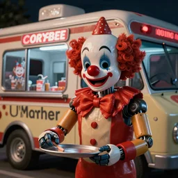 medium close up of a animatronic clown serving a 🍦 from a icecream truck at night, dimly lit, real - hair, photorealistic, hyperdetailed 3 d matte painting, hyperrealism, hyperrealistic, cinematic, silent hill, horror style, unrealengine octane render,
