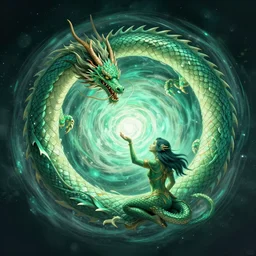 illustration of the emerald dragon ouroboros god gaving birth to the universe, vortex of creation in the center of the picture epic, masterpiece, digital art, bold shapes, hard edges, vibrant colors, trending on artstation, by kate irwin