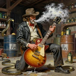 greasy Snake Oil salesman shredding on a Gibson Les Paul in a snake oil warehouse, snakes and barrels of oil everywhere, painting by Frank Frazetta